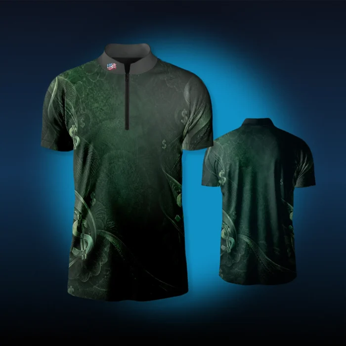 Front and back view of the Money Performance Jersey on a blue background